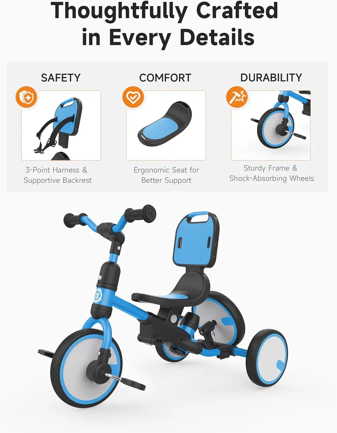 5-in-1 Toddler Tricycle with Push Handle, Grow with Me Kids Trike for 1-3 Years, Balance Bike & Tricycle, Adjustable Parent Steering, Safety Seat with Backrest view 4