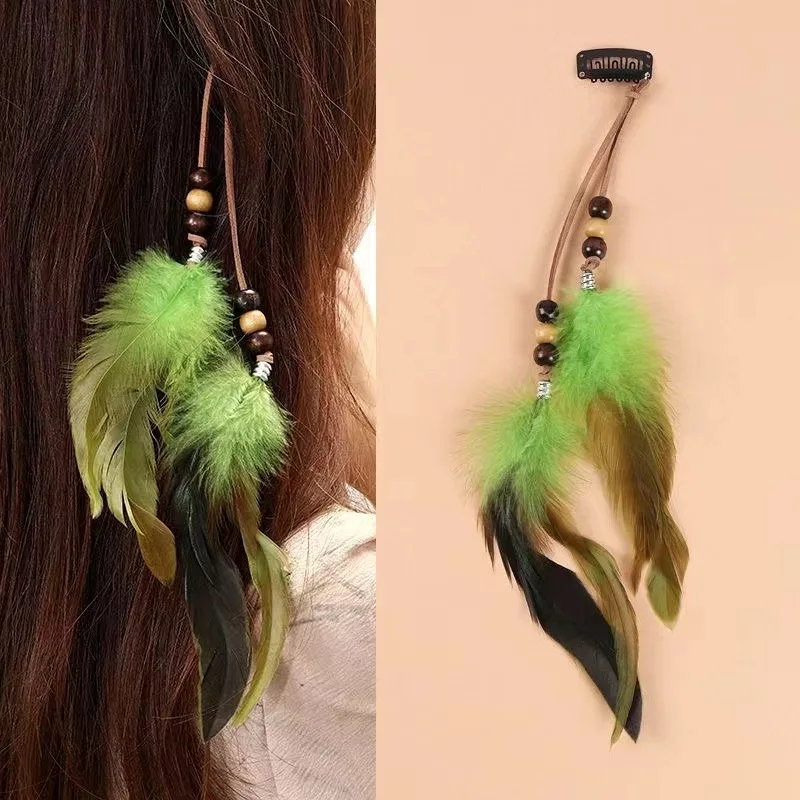 Vintage Feder-Haaraccessoire, Langes Boho-Fransen-Stirnband mit Perlen, Handgefertigte Festival-Haarspange für Frauen – Detail 4