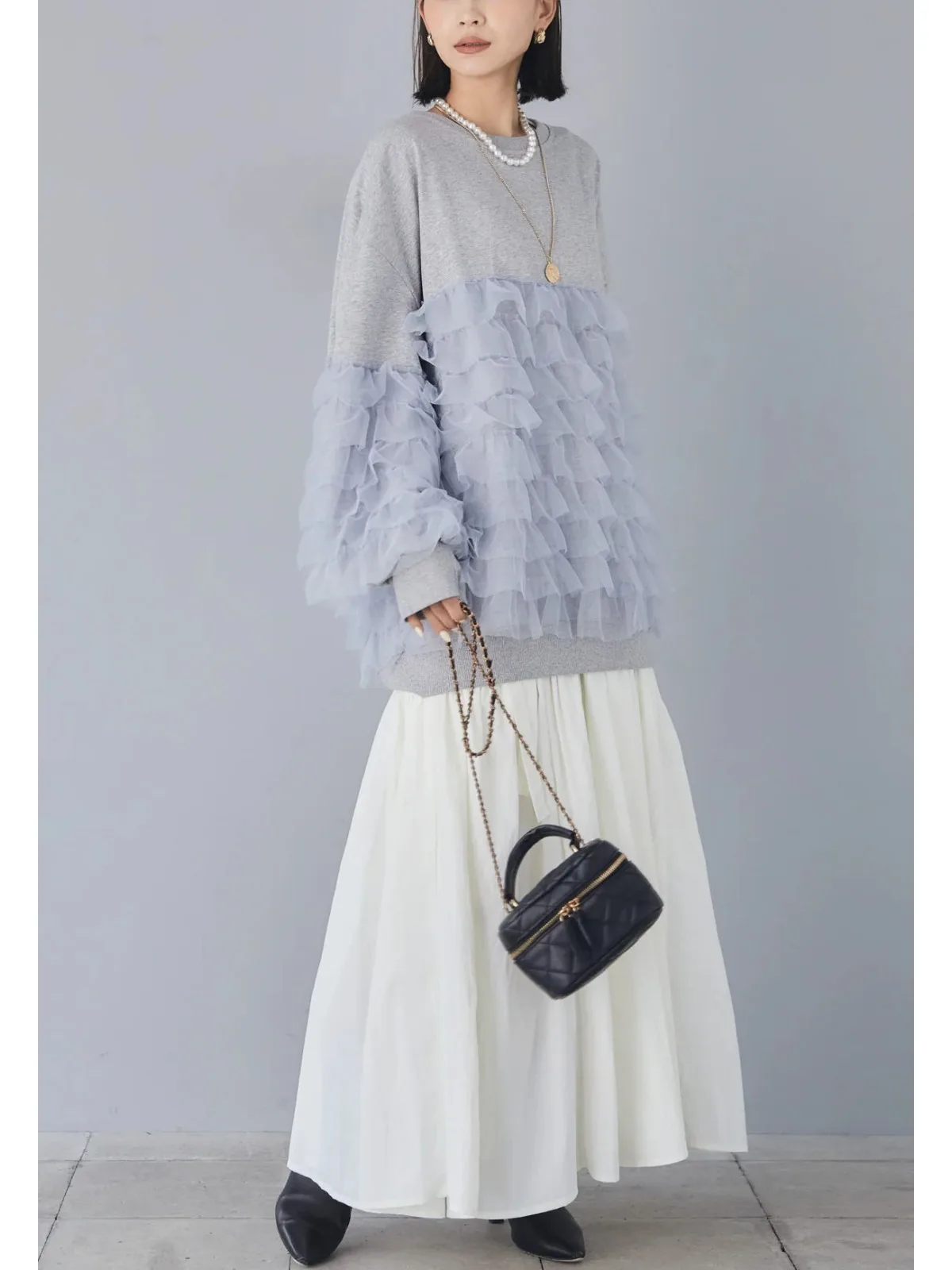 한국 일본 스타일 롱 슬리브 스웨트셔츠 튤 스플라이싱 레이스 트림 데님 투피스 세트 스윗 슬루즈핏 폴리에스터