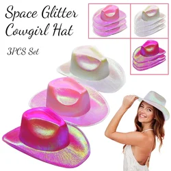 Sombrero de vaquera espacial con purpurina brillante de neón, sombrero de vaquero holográfico para mujer y niña, regalo para San Valentín, boda, disfraz de despedida de soltero, 3 uds.