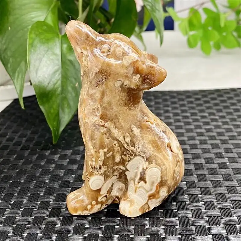 Natural Amber Flower Agate Wolf Crystal Stone Hand Carved Animal Figurine Energy Crafts Home Decoration Gift 1PCS