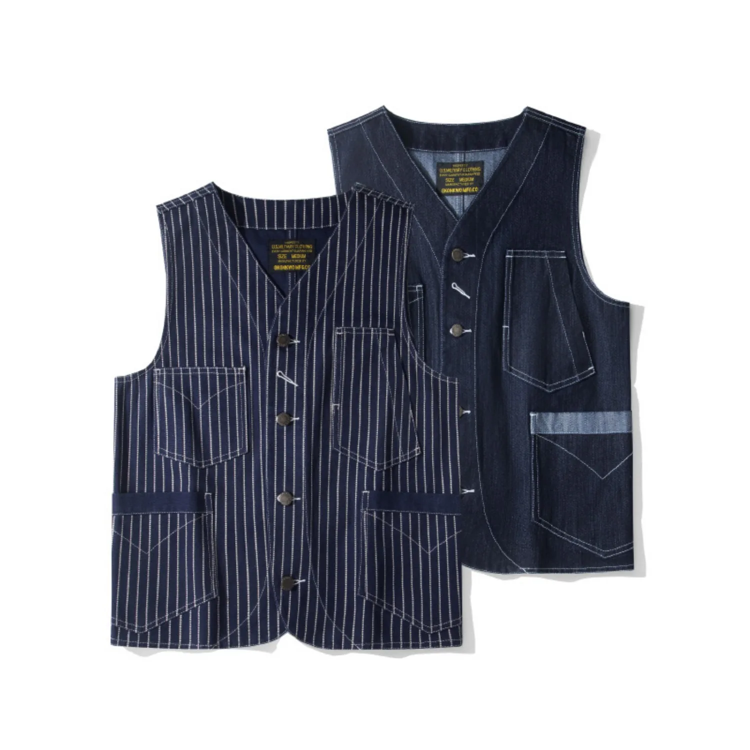 Retro vertical striped work vest men's multi-pocket V-neck sleeveless vest American casual loose waistcoat top