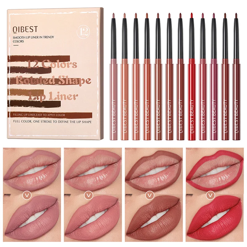 QIBEST Cross-Border Matte Lip Liner Set — 12-Color Assortment, Nude Shades, Waterproof, Lip Contouring Pencils