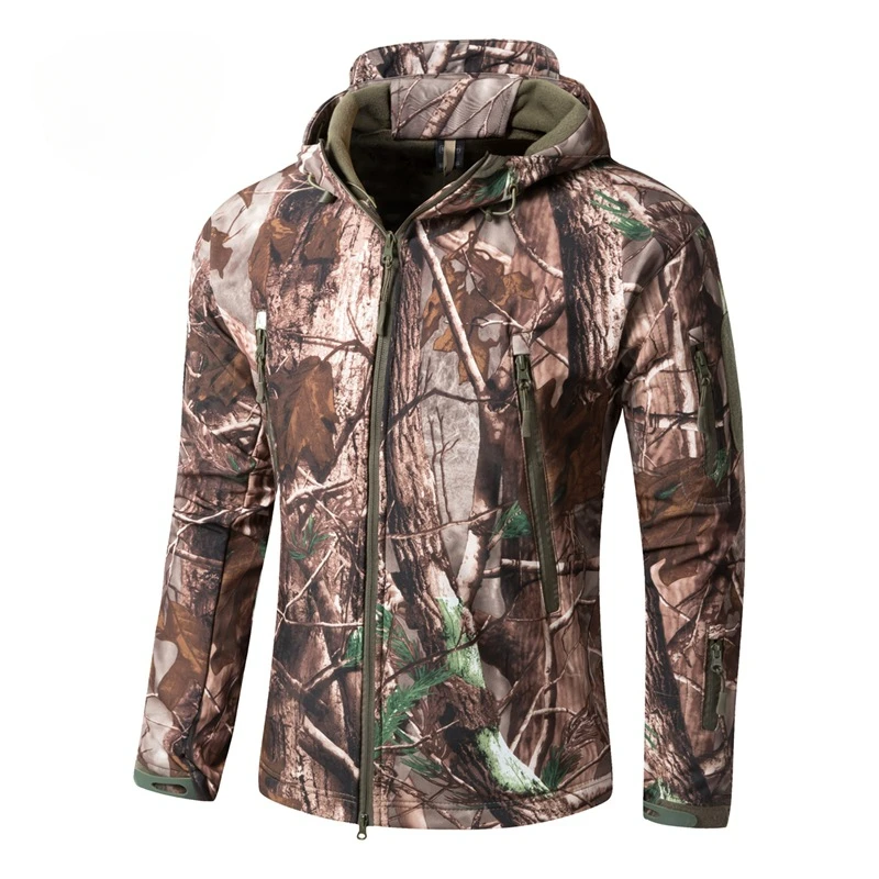 Men's Silent Soft Shell Camouflage Tactical Jacket Waterproof Warm Fleece Hunting Jackets Outdoor Hiking Fishing Hooded Coat