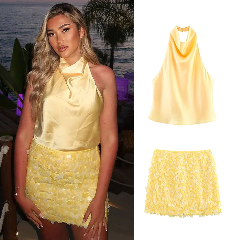 

Women Sexy Sets Satin Tops Sequined Mini Skirts Halter Backless Vests High Waist Hip Package Skirts Summer Lady Party Outfits