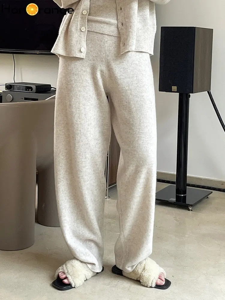 HanOrange 2024 Winter Lazy Wool Knitted Wide Leg Pants Women Warm Casual Elastic Waist Thick Trousers Female Grey/Light Oat