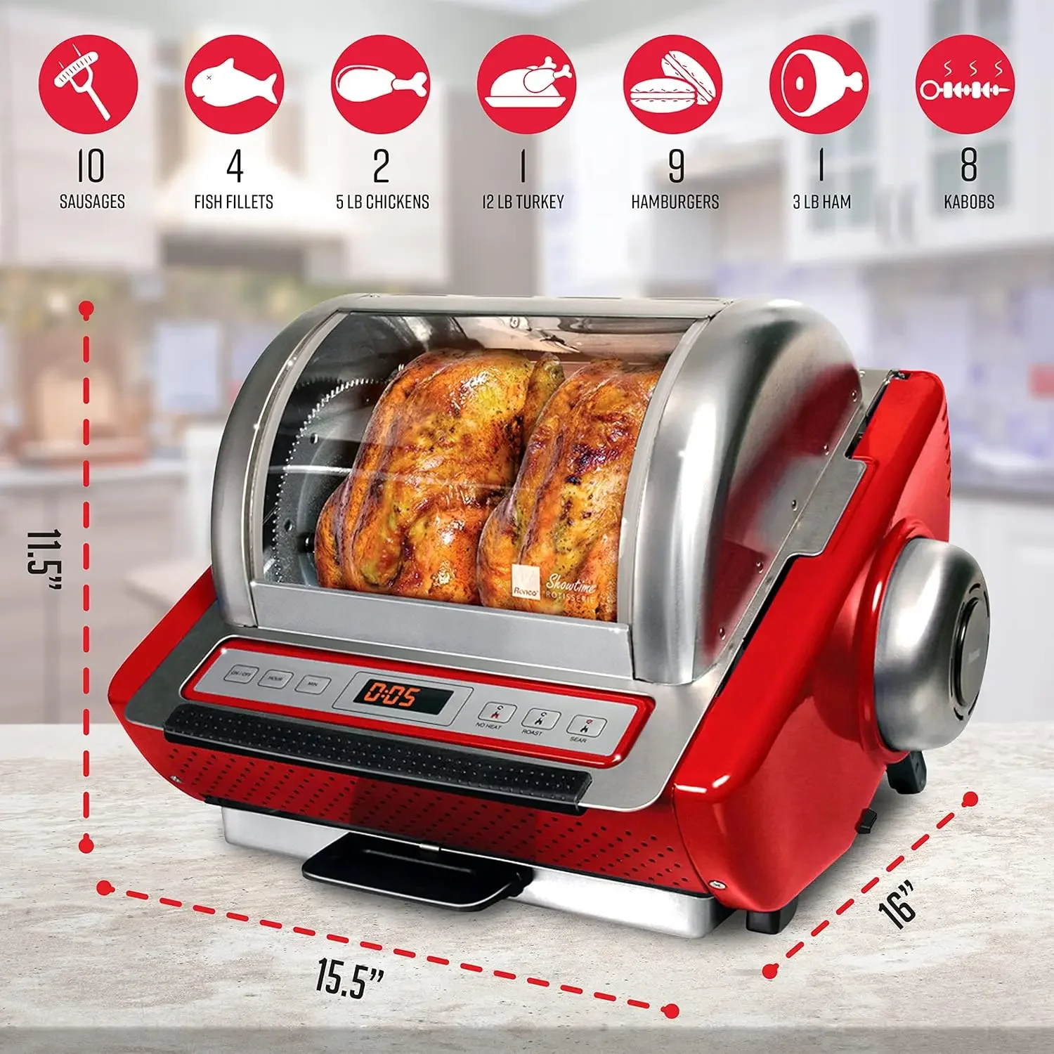 Showtime EZ-Store Large Capacity Rotisserie & BBQ Oven, Digital Controls, Compact Storage, Perfect Preset Rotation Speed, Self-B