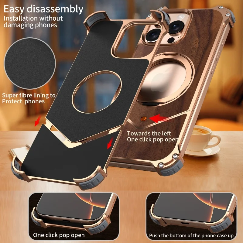 

Деревянный узор из титанового сплава без рамок для магнитного чехла Magsafe для iPhone 16 Pro 15 14 Pro Max, металлический кронштейн, противоскользящий чехол