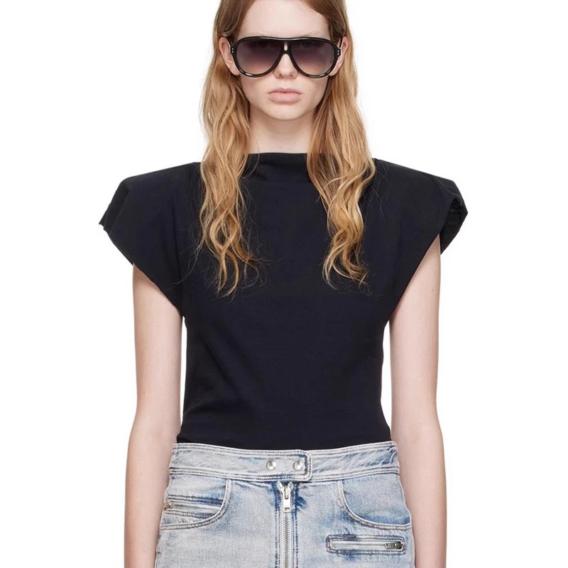 2024 new summer women\'s fashion casual shoulder pads simple beveled round neck pure cotton top versatile short-sleeved T-shirt