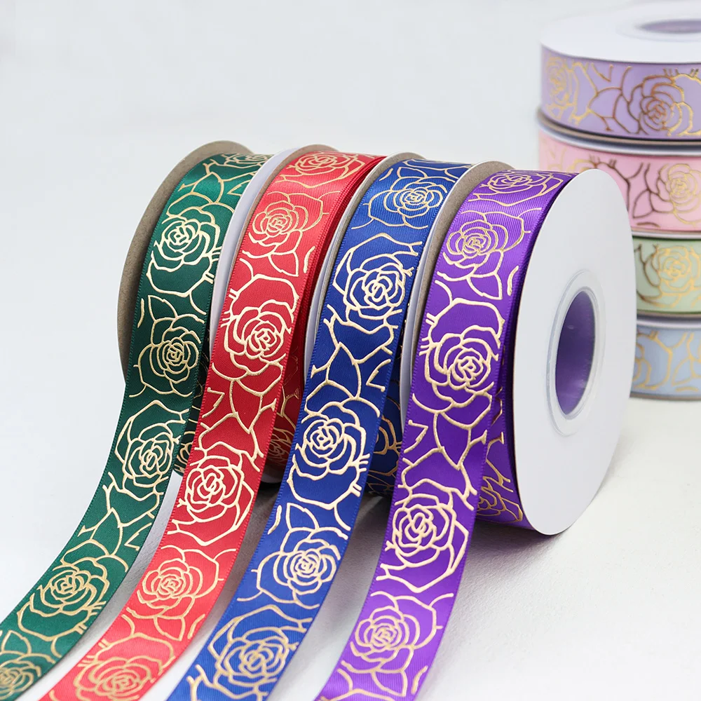 1\'\' 25mm Gold Foil Rose Lines Flower Single Side Satin Ribbon For Cakes Gift Decoration Hair Bows Accessories