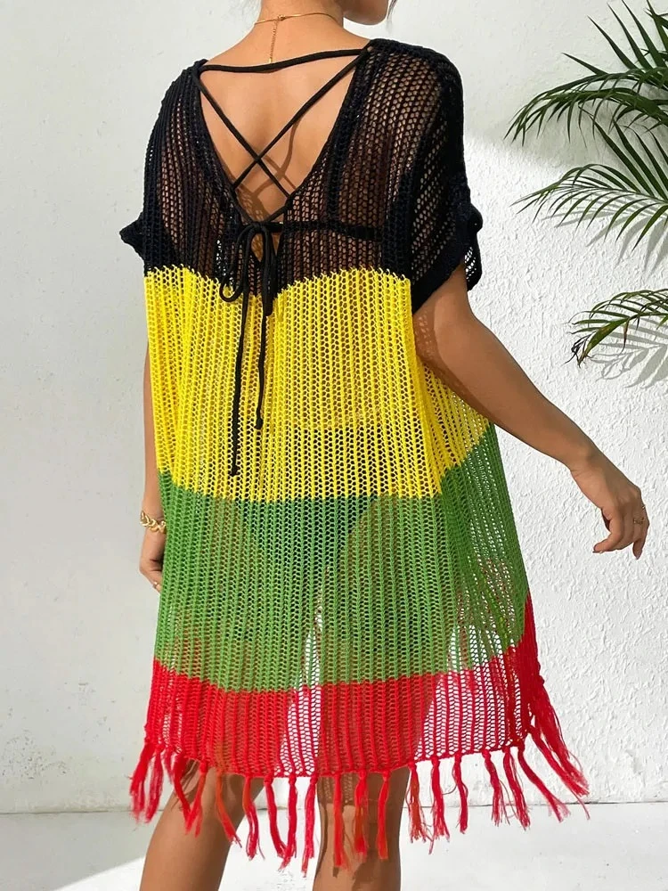Women Solid Patchwork Bikini Cove Up Short Sleeve Lady Beach Dress Female Tassels Brazilian Swimsuit Cover-Ups