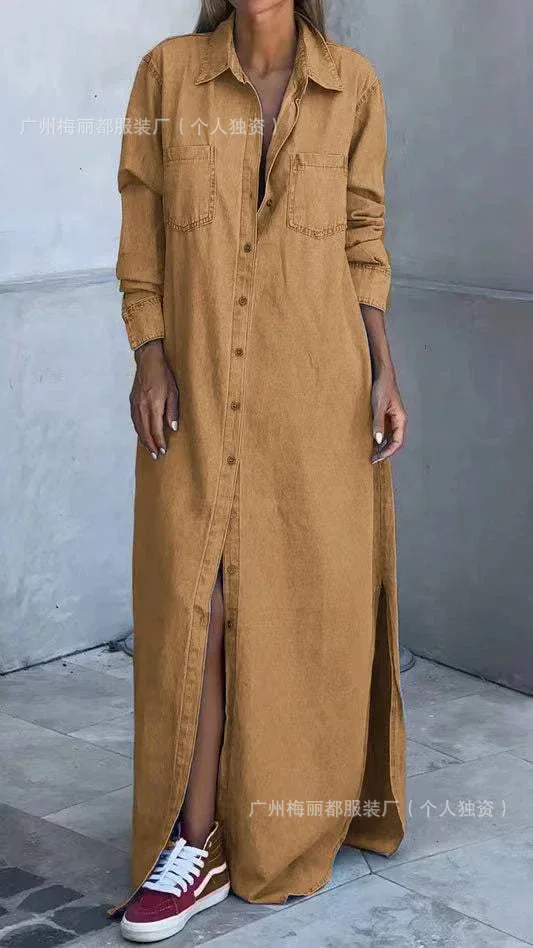 2025 New Fashion Button Lapel Dress Women Autumn Casual Loose Solid Color Home Pocket Slit Long Dresses For Women