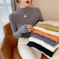 Autumn Winter Knitted Ribbed Mock Neck Sweater Women Clothes 2024 Long Sleeve Slim Basic Pullover Woman Sweaters Solid Tops