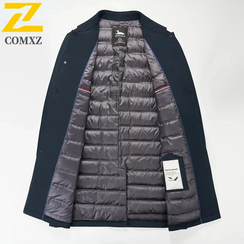 高級ブランドロングダウンコートメンズ冬ホワイトダックフェザー充填パーカーウインドブレーカーターンカラー暖かい軽量エレガントなアウターウェア
