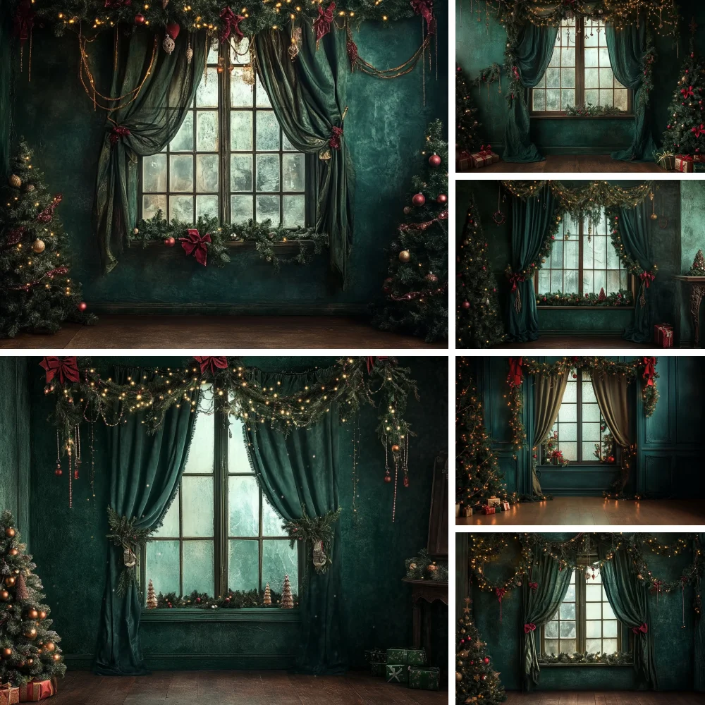 

Christmas Backgrounds for Photographs Green Wall Window Curtain Winter Xmas Tree Gift Kids Portrait Photography Backdrop Decor