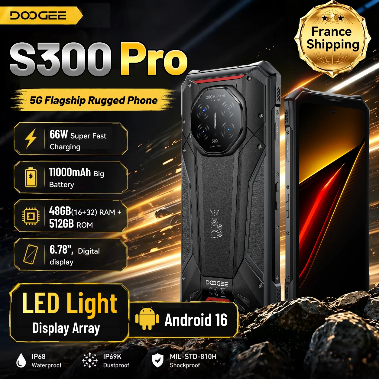 DOOGEE S300 Pro 5G Flagship Rugged Phone, World Premiere, 6.78", Digital display,48GB(16+32) RAM + 512GB ROM, 11000mAh Big Battery, Android 16, LED Light Display Array,66W Super Fast Charging
