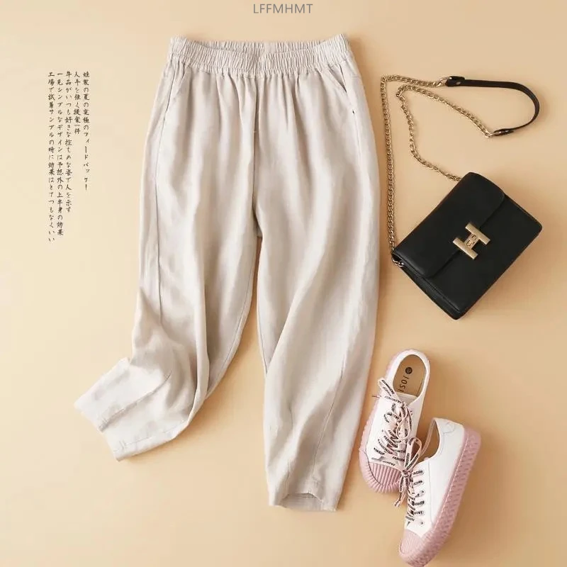 

Women Cotton Linen Cropped Pants Summer Fashion Female Empire Waist Solid Color Breathable Comfortable Thin Casual Loose Trouser