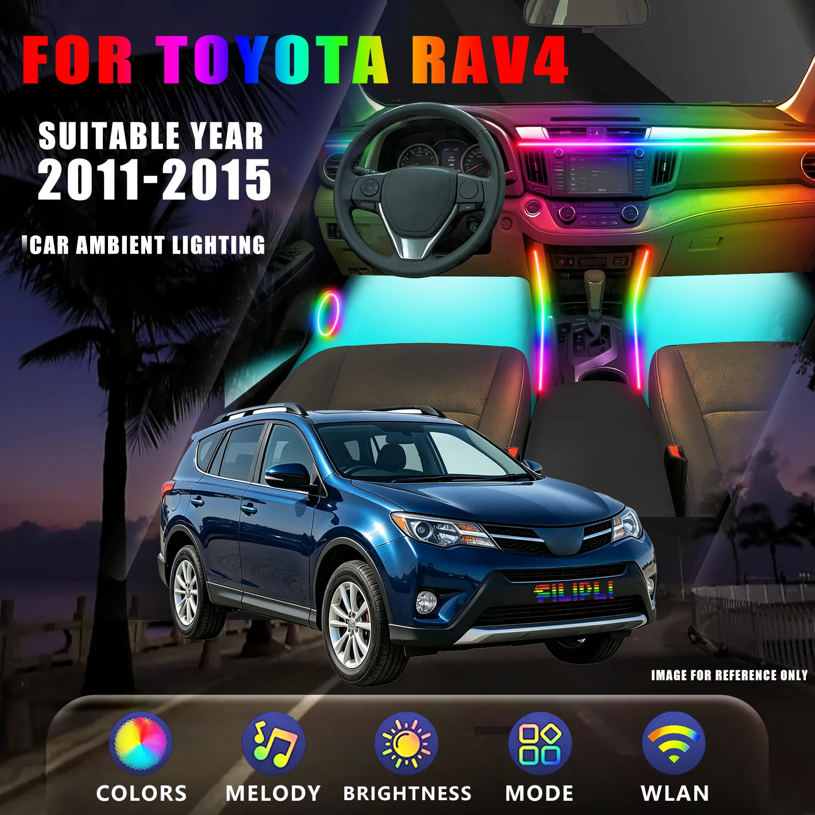 FOR TOYOTA RAV4 2011‑2015 DREAM COLOR 6 Lights car ambient light kit acrylic interior car led lights melody sensing mode adjustment footwell lighting vehicle interior modification accessory