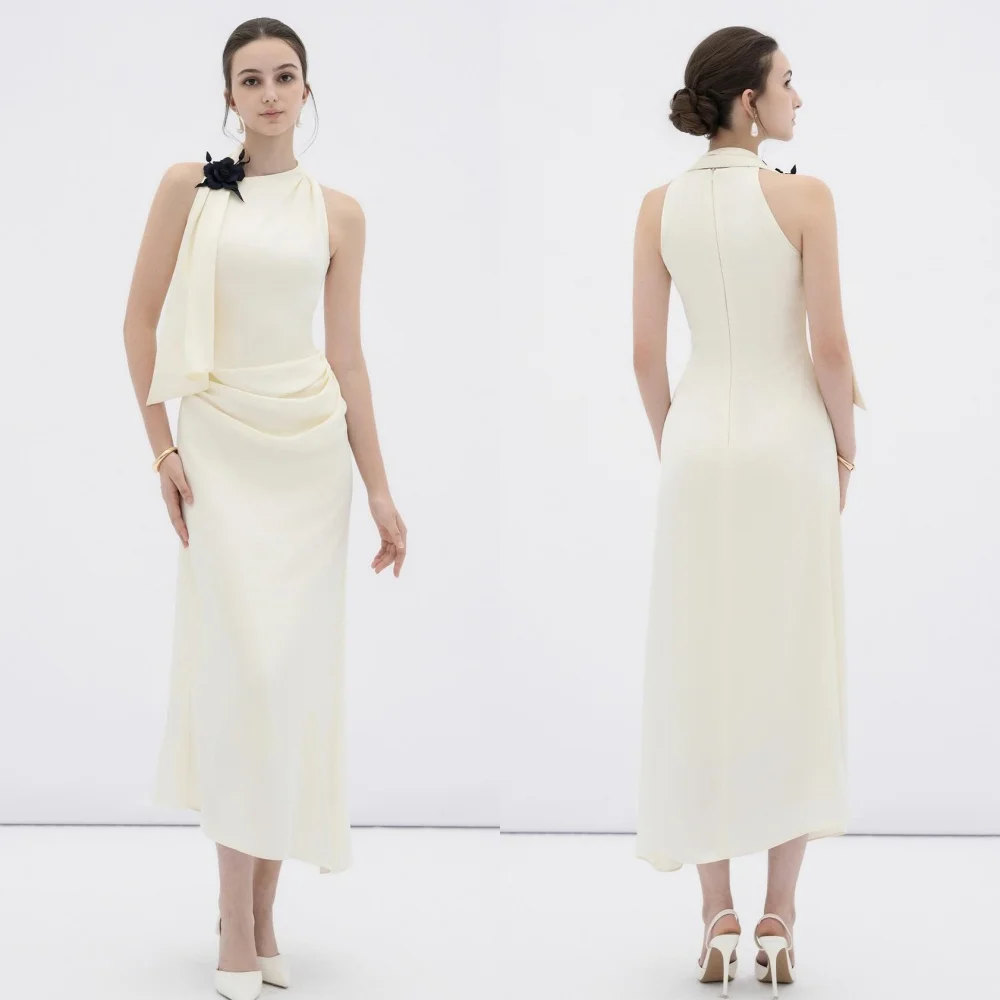 

Customized Modern Style Exquisite Jersey Ruched Handmade Flower Straight Scoop Neck Tea Length Dresses Bespoke Occasion Dresses