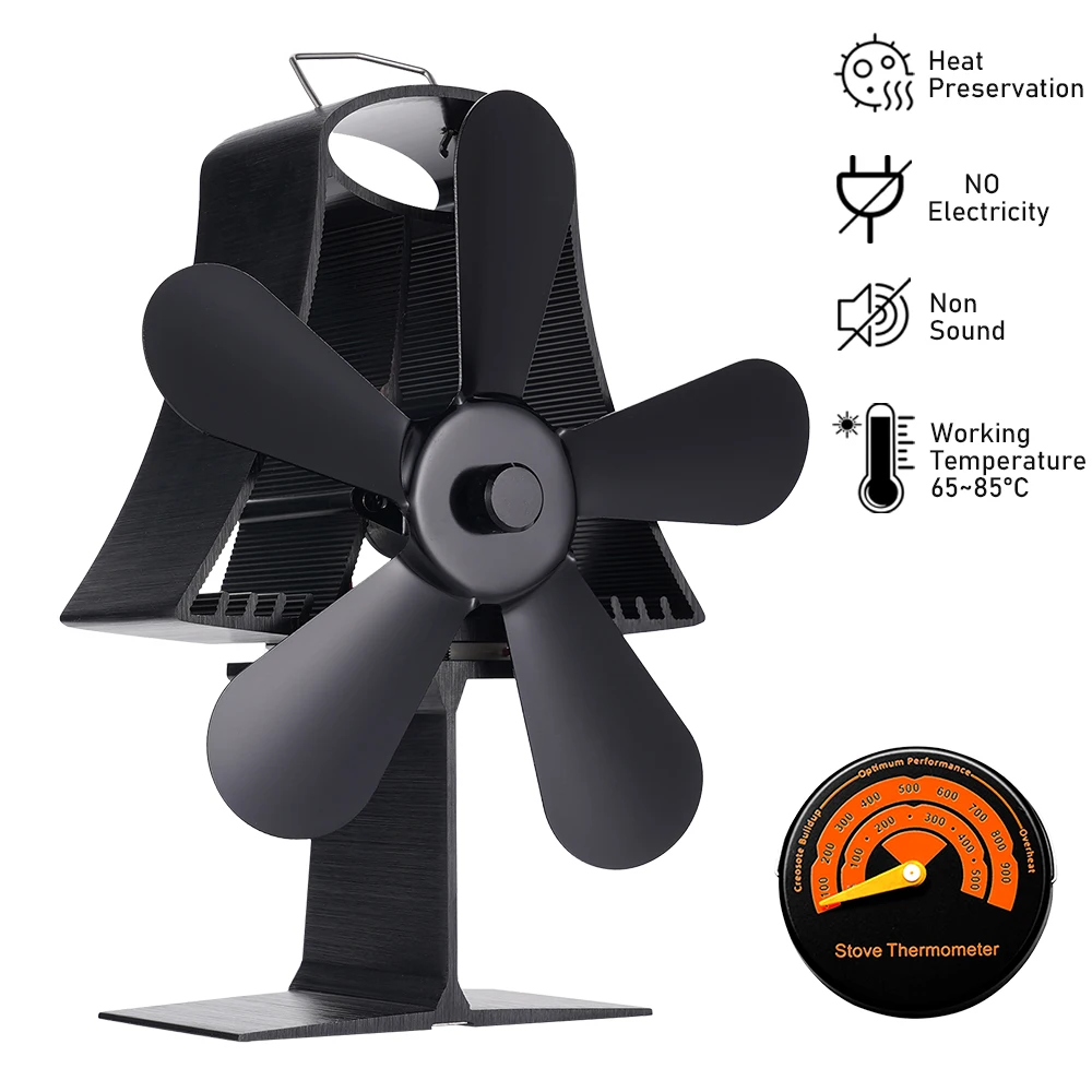 5 Blade Standing Fireplace Fan No Electricity Stove Fan Thermal Power Log Burner Aluminum Alloy Silent Fan Heat Distribution