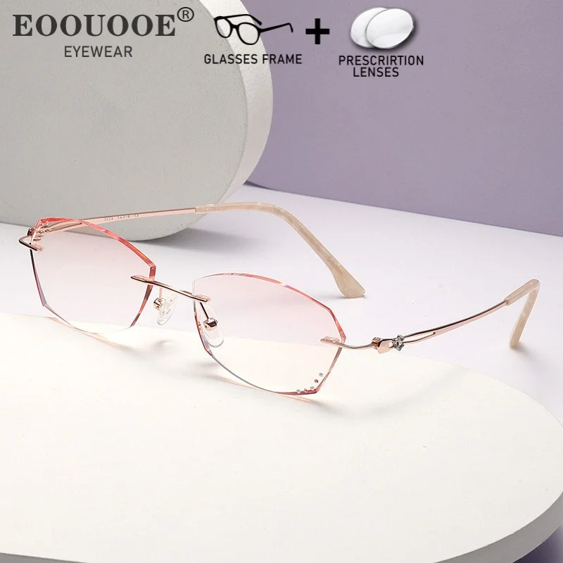 Dyeing Gradual Pink Rimless Glasses Diamond Flash Fashion Glasses MR-8 Scratch-Resistant Lenses Prescription Recipe Myopia