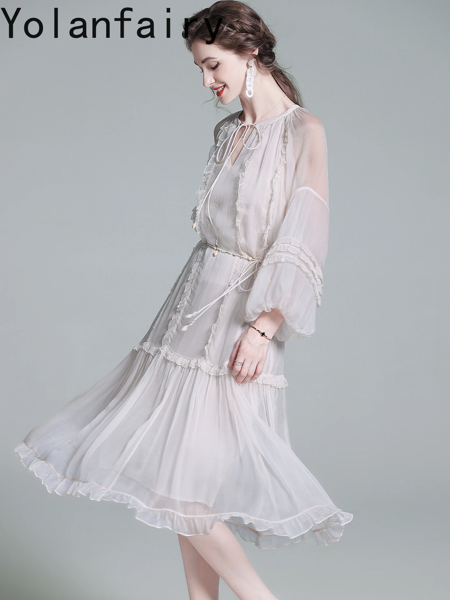 YOLANFAIRY الراقية 100% فساتين حرير التوت الطبيعي للمرأة الخريف أنيقة شيك فستان طويل ملابس النساء فساتين عطلة