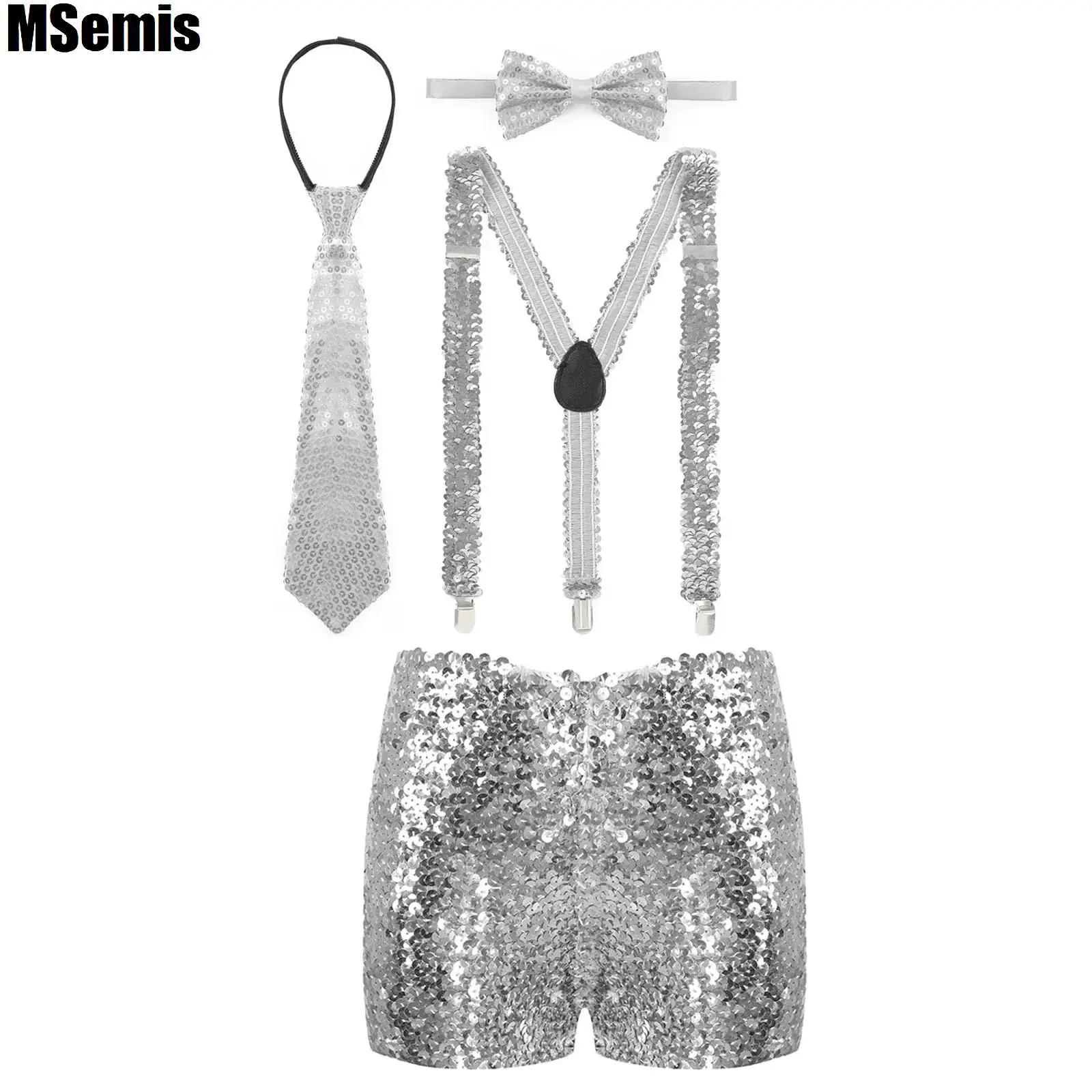 

Kids Boys Girls Shiny Sequins Dance Shorts with Elastic Y Shape Adjustable Braces Suspenders Necktie Bow Tie for Cosplay Party