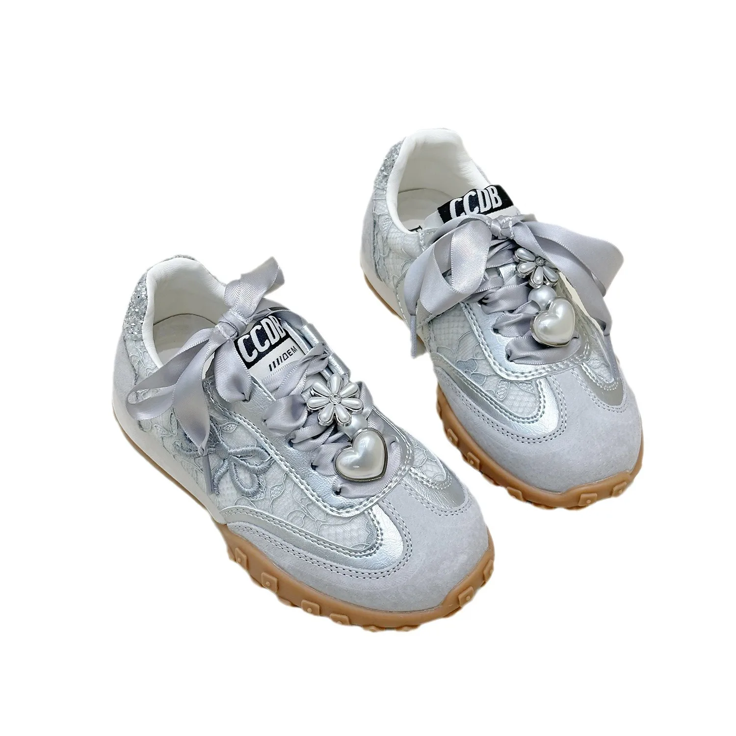 Children Suede Genuine Leather Pearls Lace Mesh Breathable Sport Shoes Boys Girls Casual Non-slip Running Tennis Shoes