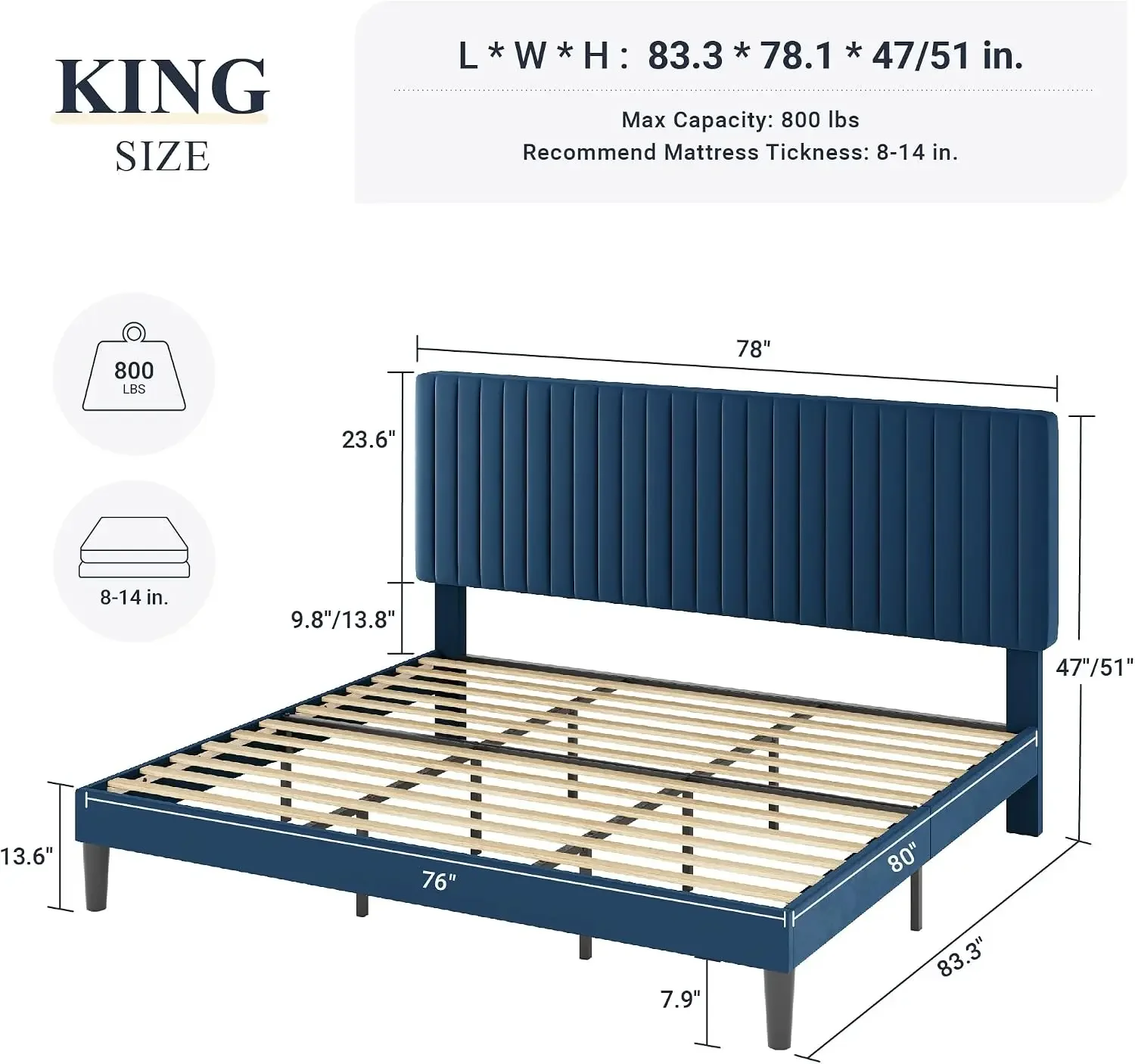Allewie King Bed Frame, Velvet Upholstered Platform Bed with Adjustable Vertical Channel Tufted Headboard, Mattress Foundation w