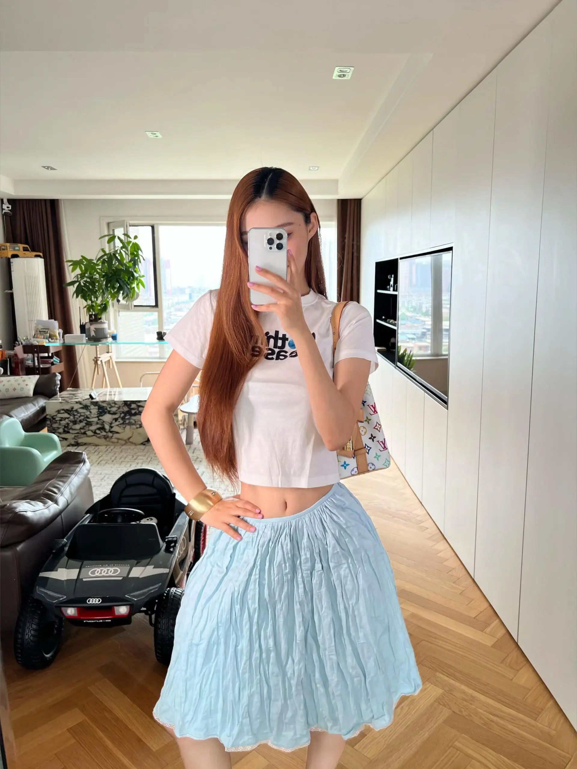 American Retro Free Shape Pleated  Skirt Women Spring Summer Blue Knee Length Lace Patchwork Low Waist Beautiful Umbrella...