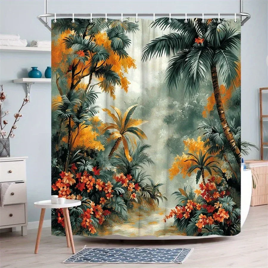 ~O~1pc Tropical Jungle Shower Curtain - Vibrant Palm Trees, Hibiscus Flowers & Colorful Blossoms Design, Durable Polyester Fabri