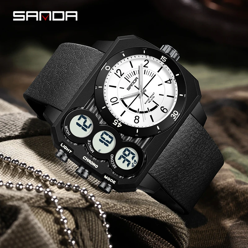 SANDA 6237 Big Dial Multi functional Waterproof Night Light Alarm Clock Sports Outdoor Silicone Strap Watch Men's montres hommes image 2