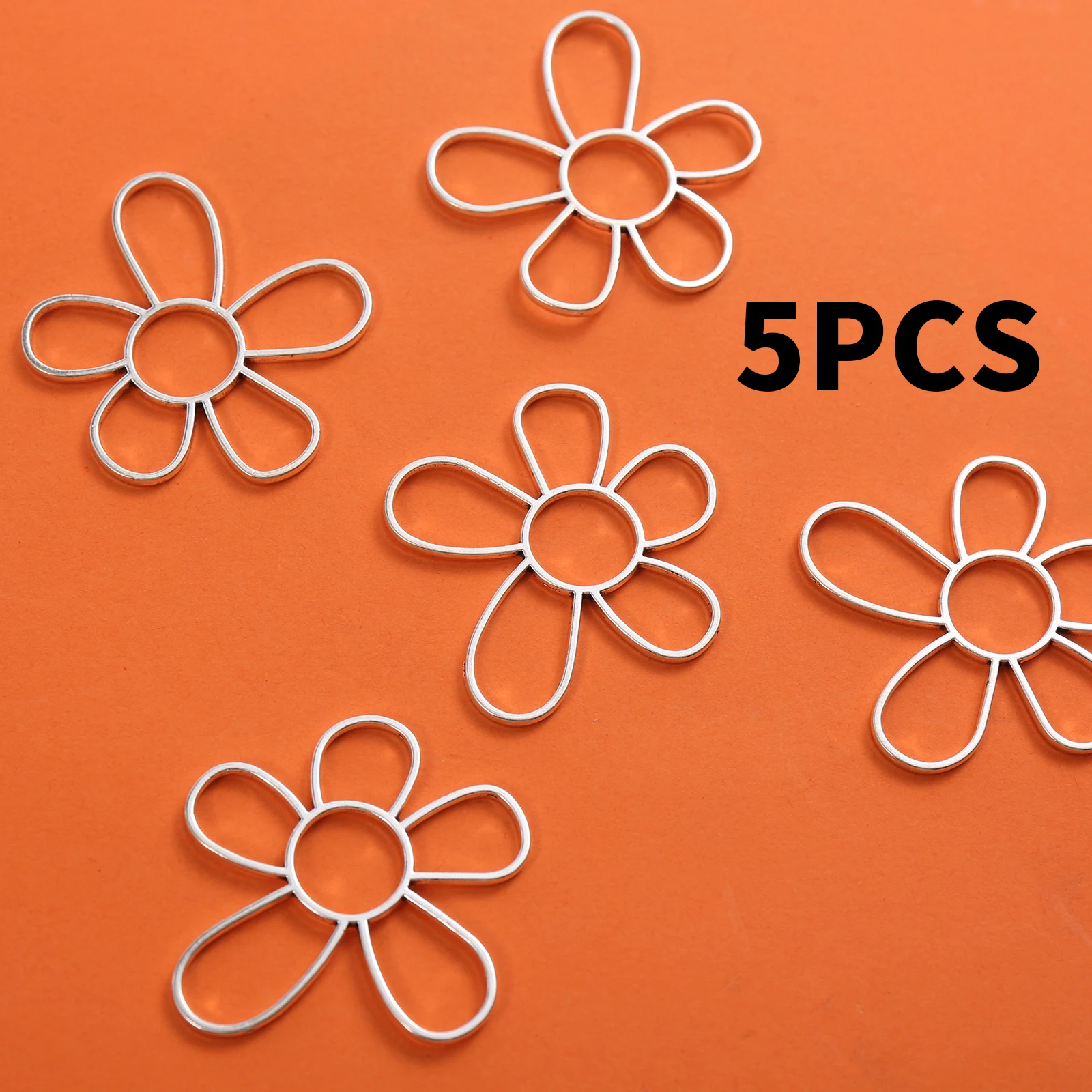 5 Pieces of Hollow Five-Petal Flower Charms, Simple Hollow Line Flower Pendants, Suitable for DIY Bracelets, Necklaces, and Earrings, Fresh Floral Handmade Beaded Jewelry Accessories