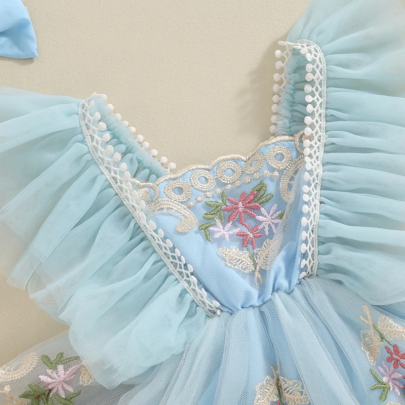 Newborn Baby Girl Rompers Fly Sleeve Embroidery Flower Tulle Patchwork Romper Dress with Bow Hairband Summer Clothes