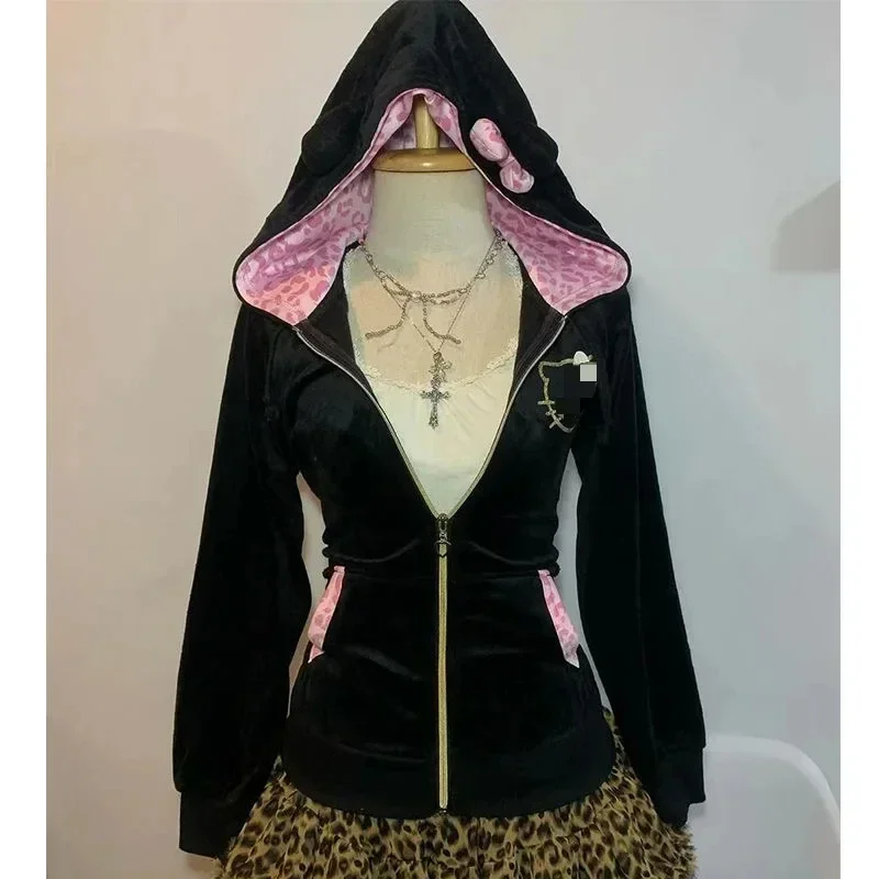 Streetwear Y2KสตรีPullover Hoodie Retro Harajukuสีชมพูเสือดาวพิมพ์Patchworkเสื้อกันหนาวแนวโน้มแฟชั่นกีฬาHoodie Top