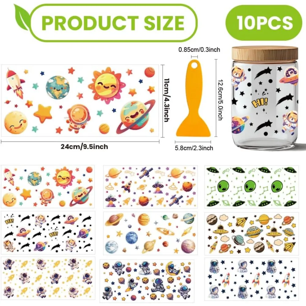 10 Sheets Space Theme UV DTF Cup Wrap for 16OZ Glass Astronauts Rocket Planet Alien Rub on Decals PVC Transfer Stickers