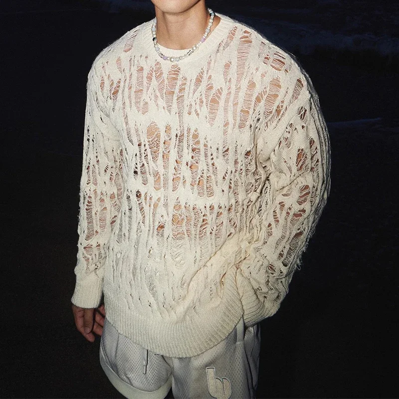 Vintage Ripped Hollow Out Mesh Knit Tops Men 2025 Spring Streetwear Fashion Crew Neck Long Sleeve Knitted T Shirt Mens Clothing image 2