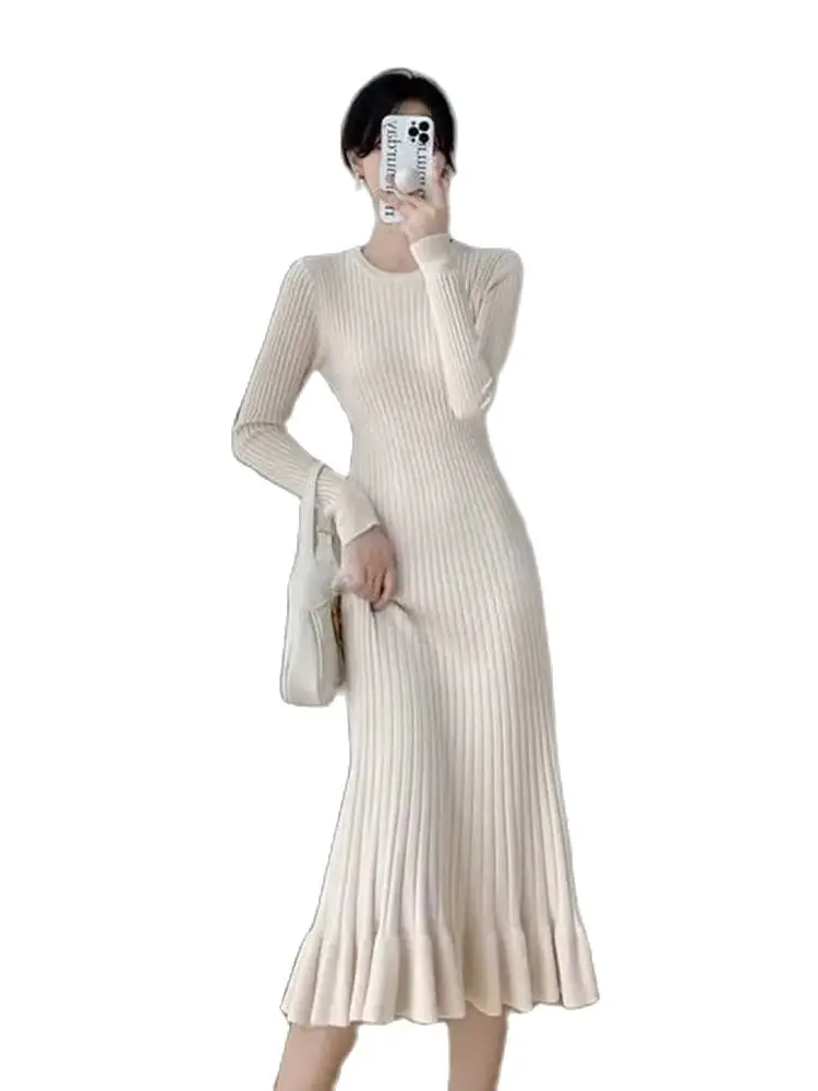 2025 New Internet Famous Korean Version Loose Slimming Mid Length Woolen Dress Pink Knitted Dress for Women Autumn and Winter