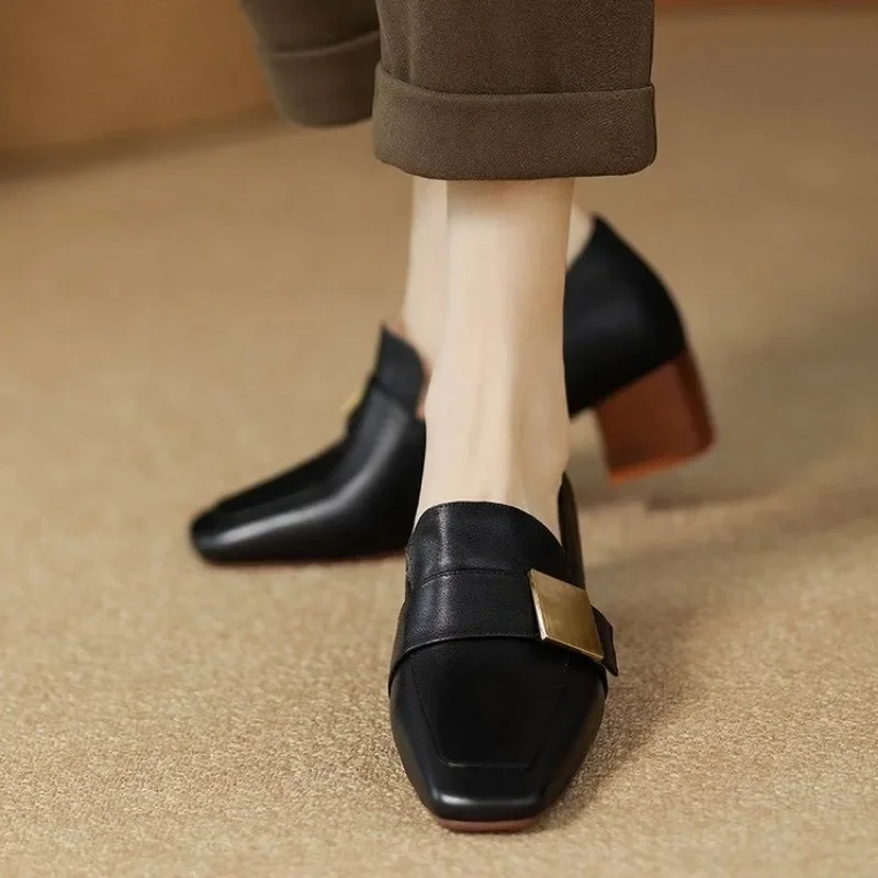 New Leather Women Fashion Pumps Square Toe Thick Heel Mary Jean Shoes Slip on Elegant Temperament Daily Shoes Handmade