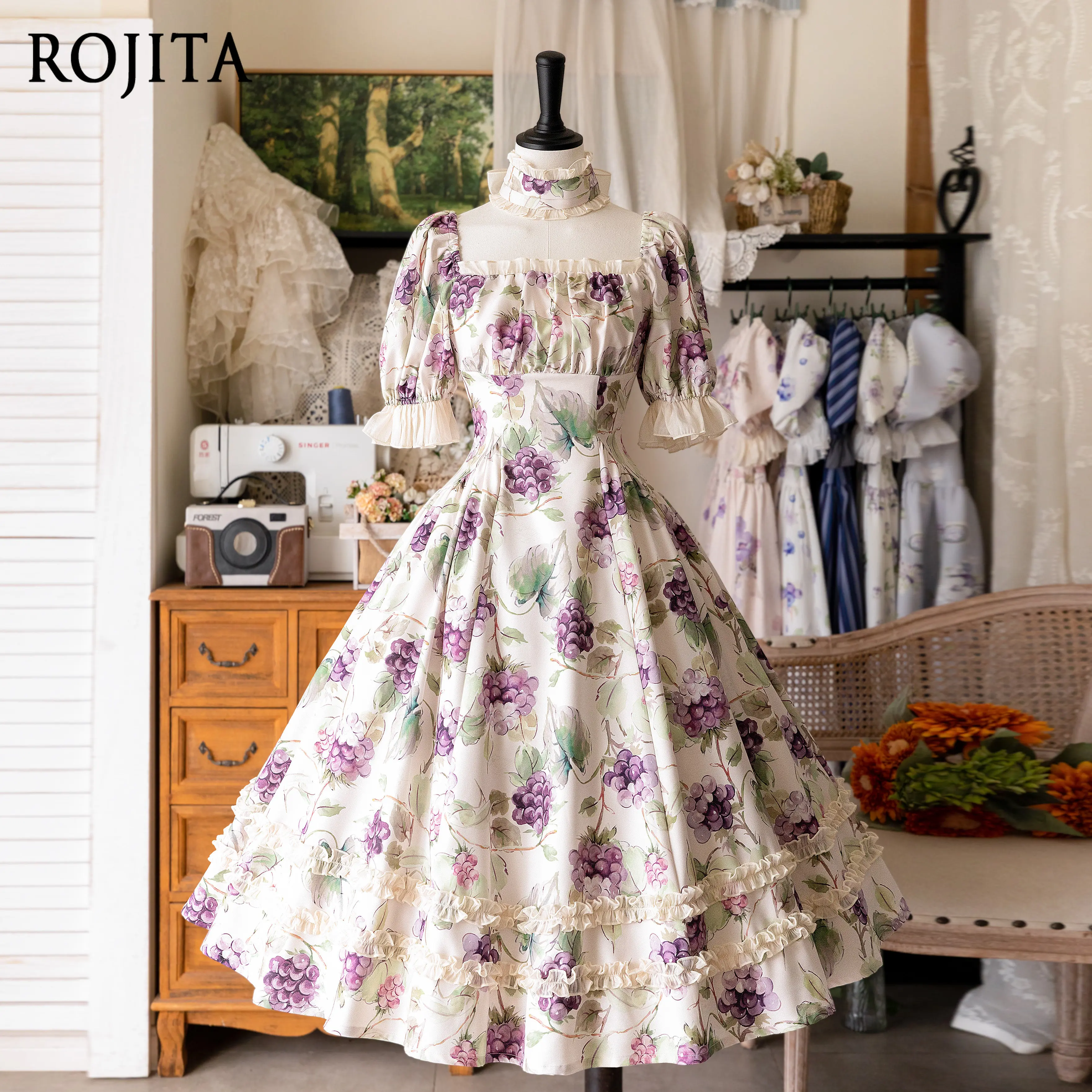 Primavera Verano bosque pequeño uva Vintage clásico elegante vestido CLA francés cuello cuadrado Puff manga vestido para mujer