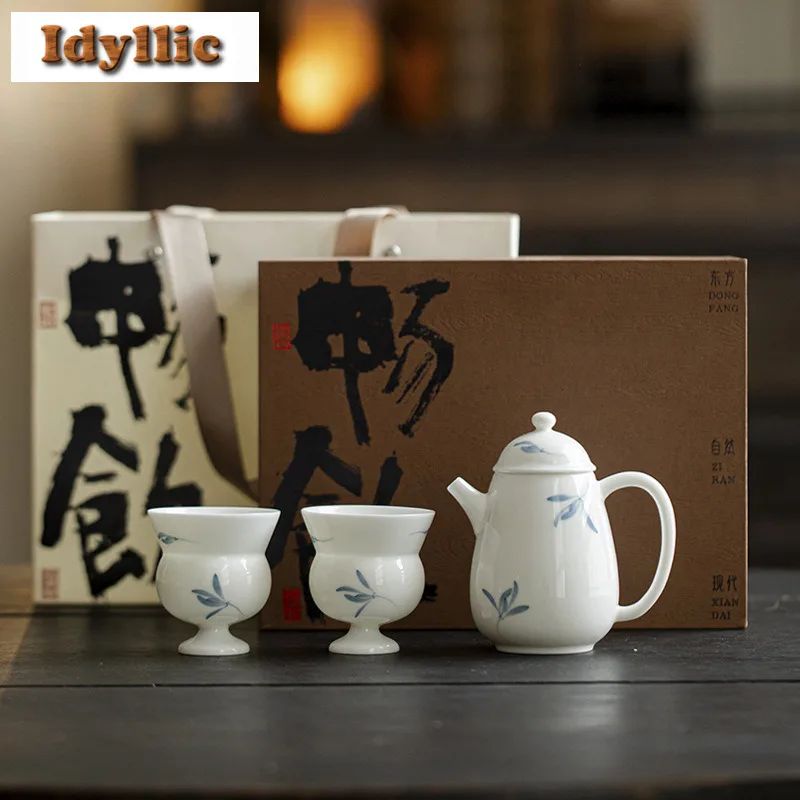 

Ручная роспись, осенняя водная орхидея, чайный сервиз, полный набор, антикварный набор для чайной церемонии, чайник и чайная чашка, набор чайных чашек, подарок