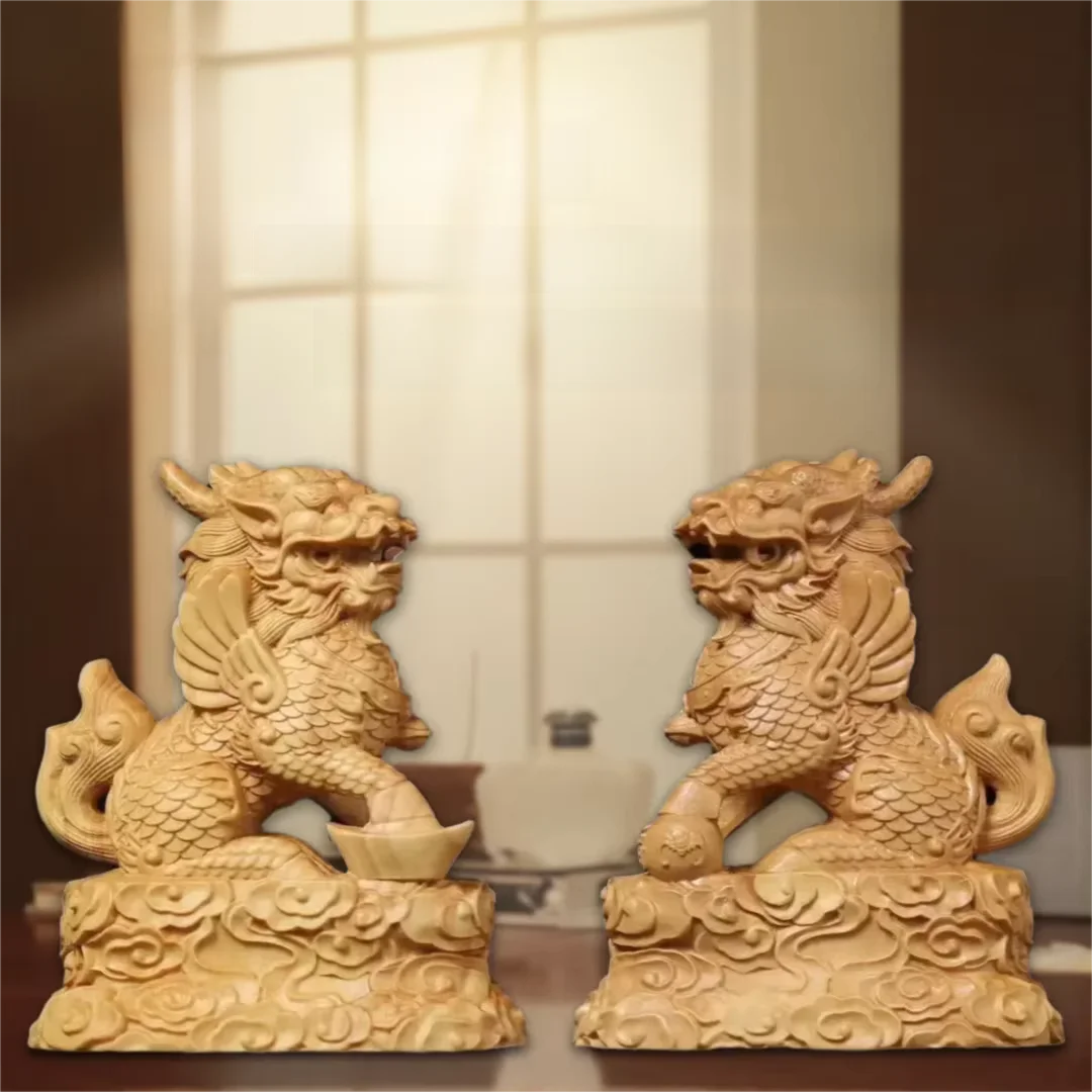 2Pcs Hand Carved Solid Wood Kirin Statue Chinese Mythical God Beast Mascot Figurine Auspicious Wealth Protection Feng Shui Ornam