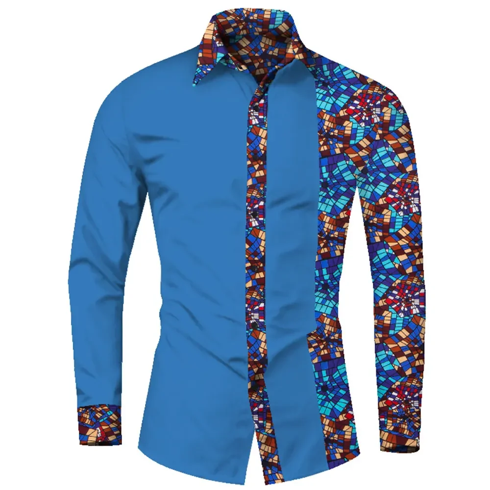 Afrikaanse Kleding Smart Causale Mannen Top Shirts Bazin Riche Katoen Print Patchwork Formele Shirts Traditionele Afrikaanse WYN581