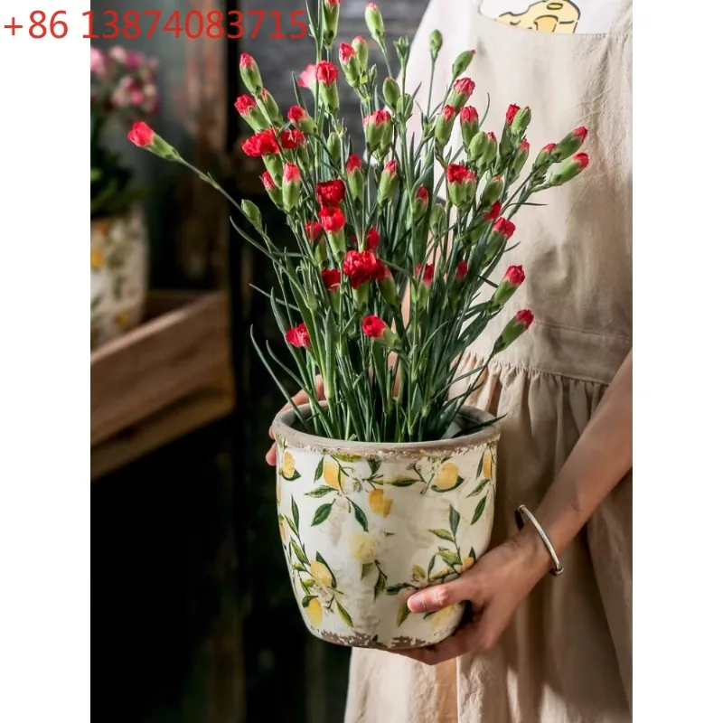 Vintage Nordic ceramic flowerpot home outdoor garden Creative hydroponic ware size succulent green straw copper money grass