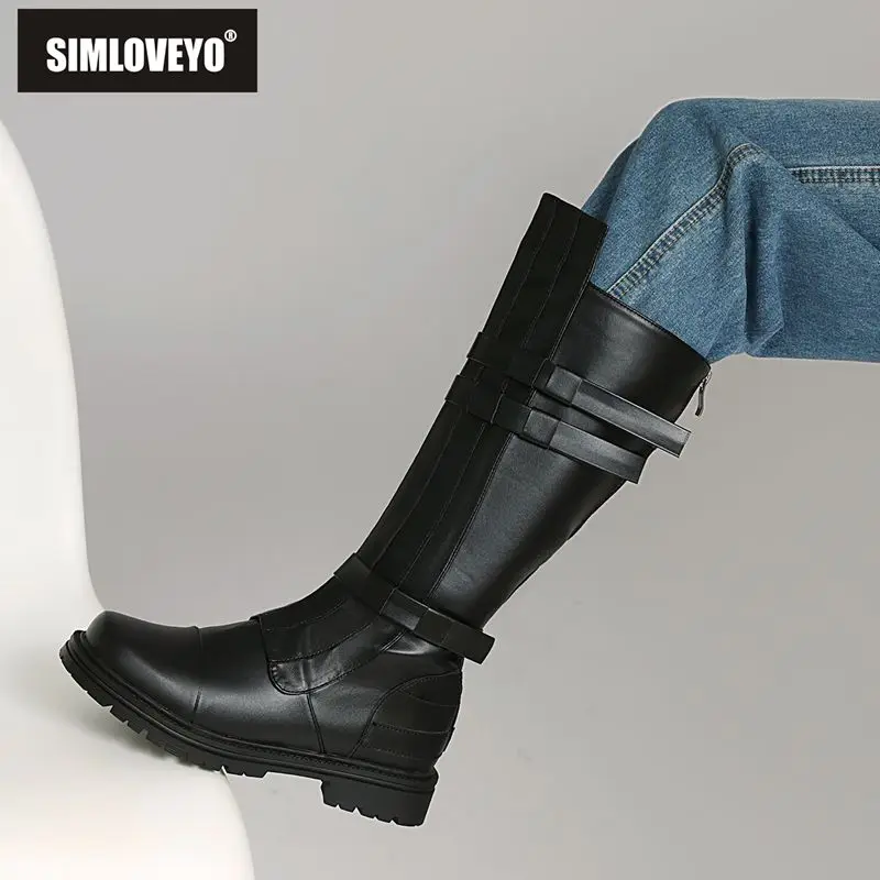 

SIMLOVEYO Зимние дизайнерские черные женские туфли для верховой езды с круглым носком на толстом каблуке 3,5 см на молнии, большой размер 46 47 48 Routine Knee High Bota