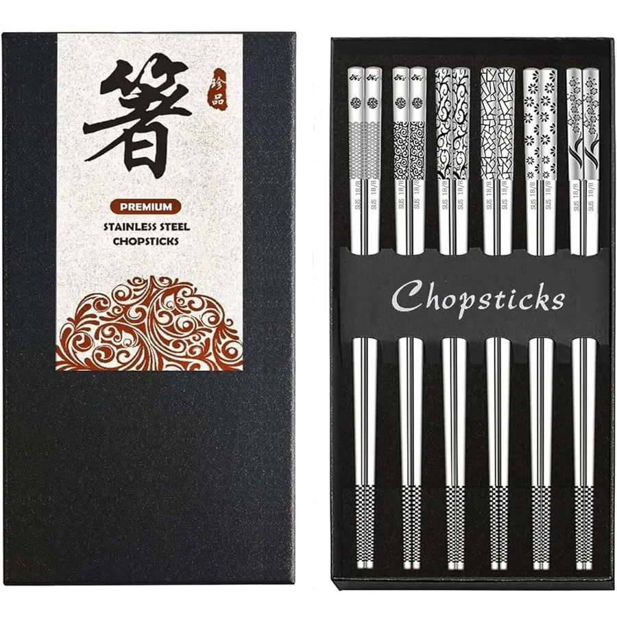 

6 пар многоразовых палочек для еды из нержавеющей стали с милым нескользящим дизайном с лазерной гравировкой для корейской и японской столовой 9, 1, 4 дюйма