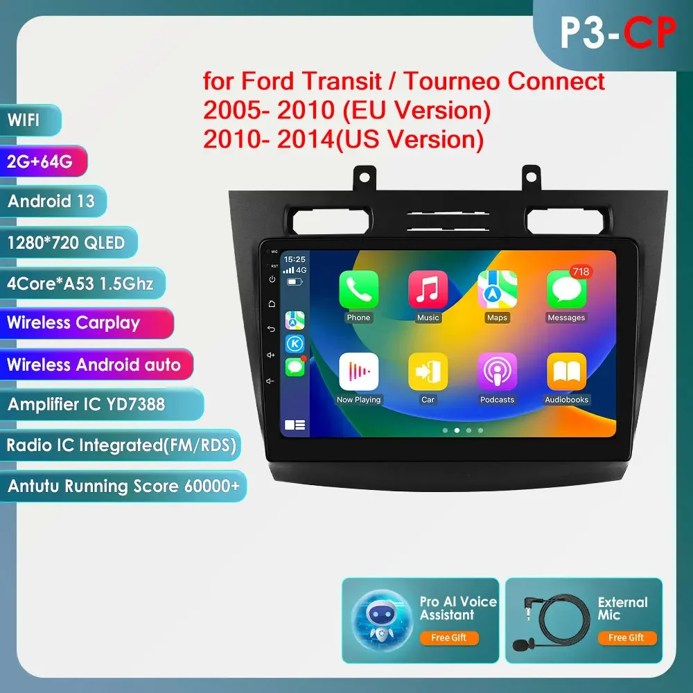 Android autoradio voor Ford Transit/Tourneo Connect 2005 - 2014 multimediaspeler met Carplay, Auto GPS en scherm