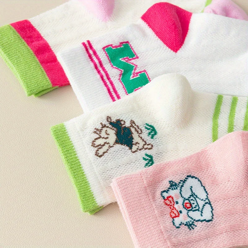 5 Pairs Girls Cute Cartoon Rabbit Cat Kids Socks Soft Cotton Mid‑Calf Socks Breathable Colorful Children Socks