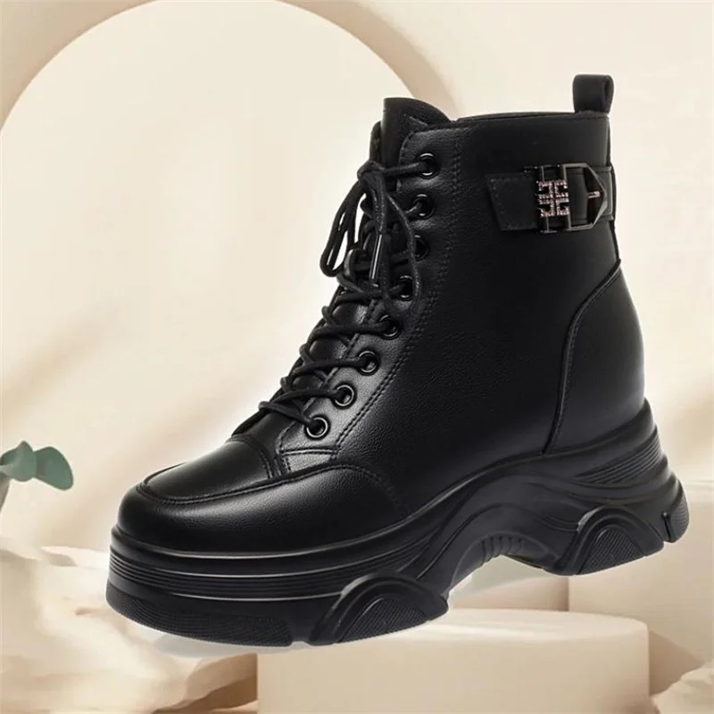 5.5cm novo outono mulheres botas de tornozelo saltos plataforma botas de couro macio branco botas de motocicleta mulher inverno grosso tênis bota 40