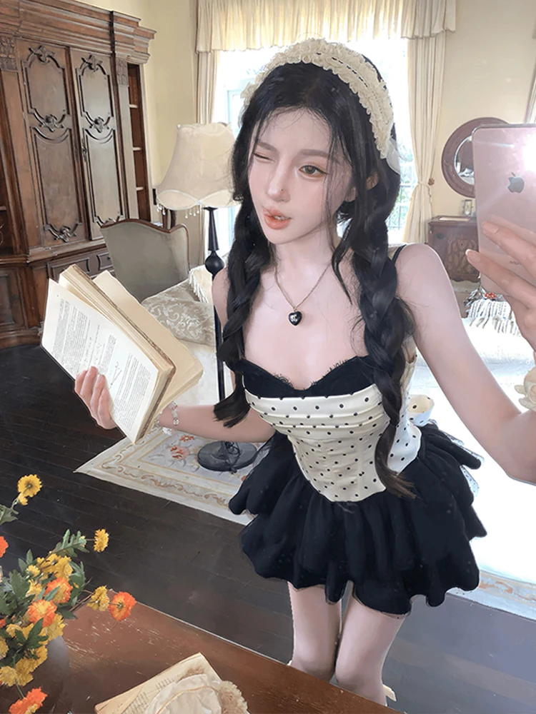 

Black Polka Dot High Waist Cake Skirt Set Women's plus Size Pure Desire Gentle Sexy Dot Print Short Dress Summer Outfit